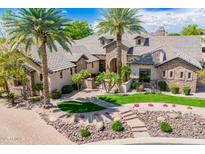 Expansive estate showcasing a meticulously landscaped front yard, mature palm trees, and an elegant stone and stucco facade at 7018 E Ingram St, Mesa, AZ 85207
