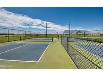 View of a well-maintained pickleball court surrounded by a black chainlink fence on a sunny day with clear blue skies at 2952 E Lucky Horseshoe Ln, San Tan Valley, AZ 85140