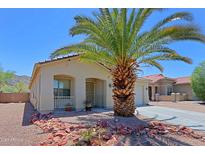 Single level home showing the desert landscaping, front porch, and an iconic Arizona Palm Tree at 1125 E Milada Dr, Phoenix, AZ 85042