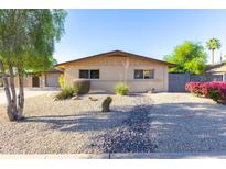 Charming single-story home featuring desert landscaping with gravel, mature trees, and a decorative rock stream at 8502 E Malcomb Dr, Scottsdale, AZ 85250