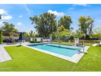 Backyard pool area features artificial turf, inground pool, basketball hoop, and relaxing outdoor seating at 5325 E Thunderbird Rd, Scottsdale, AZ 85254