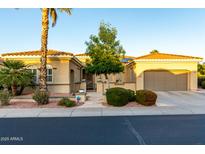 Inviting home featuring a meticulously manicured front yard and a covered two-car garage at 23213 N Del Monte Dr, Sun City West, AZ 85375