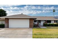 Single level home boasts mature landscaping, two car garage and neutral color palette at 9606 W Long Hills Dr, Sun City, AZ 85351