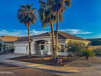 Charming single-Gathering home with well-maintained landscaping and mature palm trees against a bright blue sky at 16398 N Oachs Dr, Surprise, AZ 85374