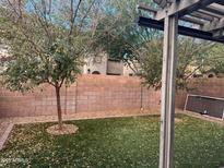 Backyard view with artificial turf, trees, and a brick wall providing privacy at 19814 N 49Th Dr, Glendale, AZ 85308