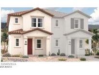 Charming two-story home with a red door and a well-maintained front yard and desert landscaping at 2801 N Claire Dr, Buckeye, AZ 85396