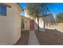 Charming single-story home features a landscaped front yard, a terracotta roof and a pink entrance door at 29798 N 121St Dr, Peoria, AZ 85383