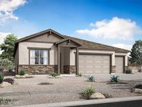 Single-story home featuring a three-car garage, stone accents, neutral color palette, and desert landscaping at 312 W Flax Dr, San Tan Valley, AZ 85140