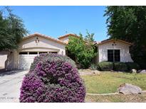 Charming single-story home featuring a two-car garage, lush landscaping, and desert plants at 2413 S 121St Dr, Avondale, AZ 85323