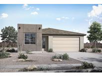New construction single-story home featuring a two-car garage, desert landscaping, and a modern design at 26682 S 230Th St, Queen Creek, AZ 85142