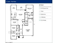 Detailed floor plan showcasing the layout of a single-story home with open living spaces and a three-car garage at 18522 W Mohave St, Goodyear, AZ 85338