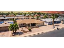 Charming single-story home with desert landscaping, lush palm trees, and attached two-car garage at 4655 E Farmdale Ave, Mesa, AZ 85206