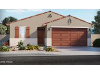 Inviting single-story home showcasing a two-car garage, desert landscaping, and a covered entryway at 37139 W Prado St, Maricopa, AZ 85138