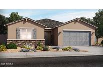 Charming single-story home featuring stone accents, a gray garage door, and low-maintenance desert landscaping at 37154 W La Paz St, Maricopa, AZ 85138