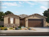 Charming single-story home featuring stone accents, a two-car garage, and a well-manicured front yard with desert landscaping at 37372 W San Sisto Ave, Maricopa, AZ 85138