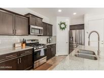 Modern kitchen with stainless steel appliances, granite countertops, and dark wood cabinetry at 13380 N 148Th Ave, Surprise, AZ 85379