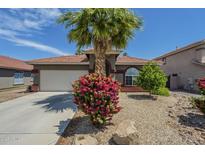 Charming home featuring desert landscaping, a blooming bush, and a tall palm tree in the front yard at 15848 W Calavar Rd, Surprise, AZ 85379