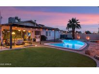 Inviting backyard featuring a pristine pool, lush turf, and a cozy patio with string lights, perfect for outdoor relaxation at 8728 E Monte Vista Rd, Scottsdale, AZ 85257
