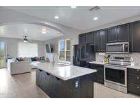 Modern kitchen featuring black cabinets, stainless steel appliances and a large island with stone countertop at 3687 E Leslie Dr, Gilbert, AZ 85296