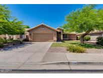 Charming single-story home with a two-car garage, green lawn, and mature shade trees at 7346 E Naranja Ave, Mesa, AZ 85209