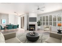 Bright living room featuring a fireplace, neutral decor, plantation shutters, and modern furnishings at 9550 E Thunderbird Rd # 259, Scottsdale, AZ 85260