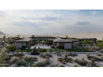 Modern home featuring a desert landscape, pool, and lounge area with mountain views in the background at 0 N 128Th St, Scottsdale, AZ 85255