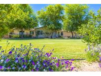 Charming single-story home with a lush green lawn and colorful flowers in the front yard at 18051 E Happy Rd, Queen Creek, AZ 85142