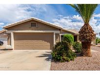 Charming single-story home featuring a two-car garage, desert landscaping, and a well-maintained front yard at 11520 W Lizard Ct, Surprise, AZ 85378