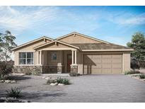 Inviting single-Gathering home featuring a two-car garage, stone accents, and a covered porch at 23040 E Watford Dr, Queen Creek, AZ 85142