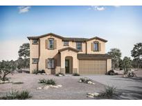 Charming two-story home featuring a two-car garage, desert landscaping, and a welcoming covered entryway at 23055 E Watford Dr, Queen Creek, AZ 85142