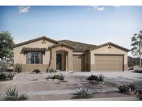 Charming single story home displaying neutral toned stucco, tile roof, covered porch, three car garage and desert landscaping at 22705 E Happy Rd, Queen Creek, AZ 85142