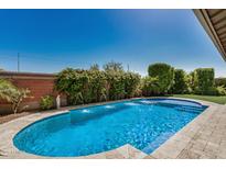 Backyard swimming pool with a brick wall and lush green landscaping at 14571 W Wethersfield Rd, Surprise, AZ 85379