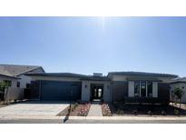 Beautiful single-story home with a modern design, complemented by a well-manicured front yard and a gray two car garage at 24000 S 218Th Pl, Queen Creek, AZ 85142