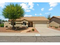 Charming single-story home featuring a well-manicured front yard with mature trees and a cozy desert landscape at 4202 E Brookwood Ct, Phoenix, AZ 85048