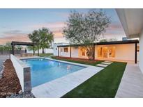 A backyard featuring a sparkling pool, turf grass, and a covered patio area, perfect for relaxation at 3043 E Hartford Ave, Phoenix, AZ 85032