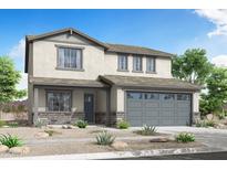 Charming two-story home with neutral colored stucco, stone accents, gray trim, and a two car garage at 24249 W Agora Ln, Buckeye, AZ 85326