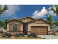 Charming single-story home with neutral stucco, a tile roof, a two-car garage, and decorative stone accents at 18240 W Cielo Grande Ave, Surprise, AZ 85387