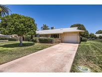 Charming single-story home featuring a well-manicured lawn, a two-car garage, and mature trees on a sunny day at 13631 N 103Rd Ave, Sun City, AZ 85351