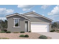 Charming single-story home with gray stucco exterior and a well-manicured, low-maintenance front yard at 47451 W Kenner Dr, Maricopa, AZ 85139