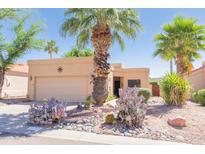 Charming tan home featuring desert landscaping, vibrant cacti, and a mature palm tree at 17342 E Quail Ridge Dr, Fountain Hills, AZ 85268
