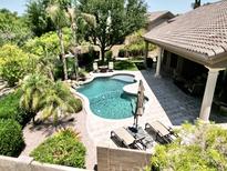 A luxurious backyard pool features an attached spa, patio lounge area, and lush landscaping at 1092 N Roosevelt Ave, Chandler, AZ 85226
