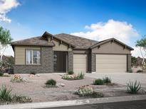 Charming single-story home showcasing brick accents, a three-car garage, and desert landscaping at 278 W Flax Dr, San Tan Valley, AZ 85140