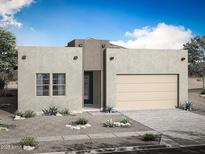 Modern home boasts neutral stucco, desert landscaping, and a two-car garage at 809 W Riparian Dr, San Tan Valley, AZ 85140