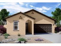 Inviting single-story home featuring desert landscaping and a dark brown, two car garage at 5827 W Coplen Farms Rd, Laveen, AZ 85339