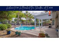 Beautiful backyard pool surrounded by mature landscaping, a covered patio and rock accents for ultimate outdoor living at 835 W Beechnut Dr, Chandler, AZ 85248