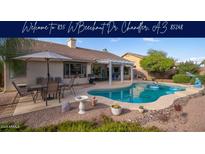 Relaxing backyard featuring a refreshing pool, covered patio, and outdoor dining area, perfect for entertaining guests at 835 W Beechnut Dr, Chandler, AZ 85248