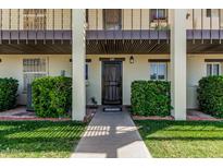 Charming entryway with lush green bushes and shaded walkway leading to the front door of unit 117 at 131 N Higley Rd # 117, Mesa, AZ 85205
