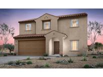 Two-story home showcases traditional desert landscaping, a brown garage door, and a charming covered front porch at 42895 W Palo Amarillo Rd, Maricopa, AZ 85138