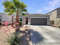 Beautiful single-story home with a two-car garage and desert landscaping including palm trees at 37711 W Bello Ln, Maricopa, AZ 85138
