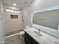 A modern bathroom is equipped with sleek fixtures and updated tile at 22261 W Tonto St, Buckeye, AZ 85326